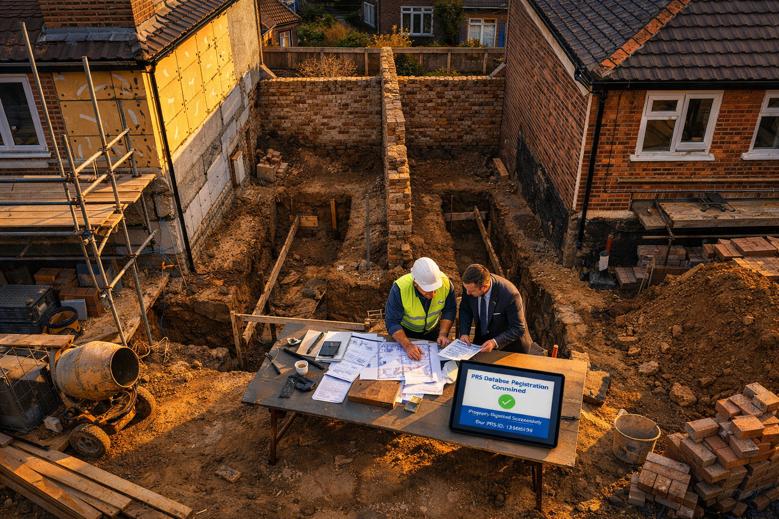 () overhead aerial-perspective scene of a construction site between two semi-detached properties: a surveyor and solicitor