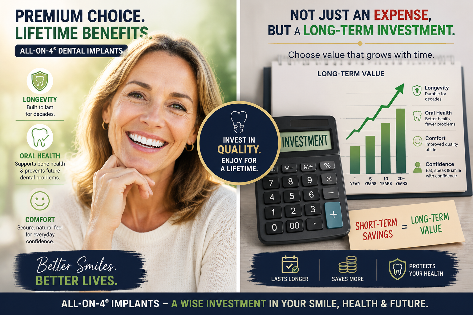 A conceptual image illustrating the long-term value and benefits of choosing high-quality All-on-4 dental implants,