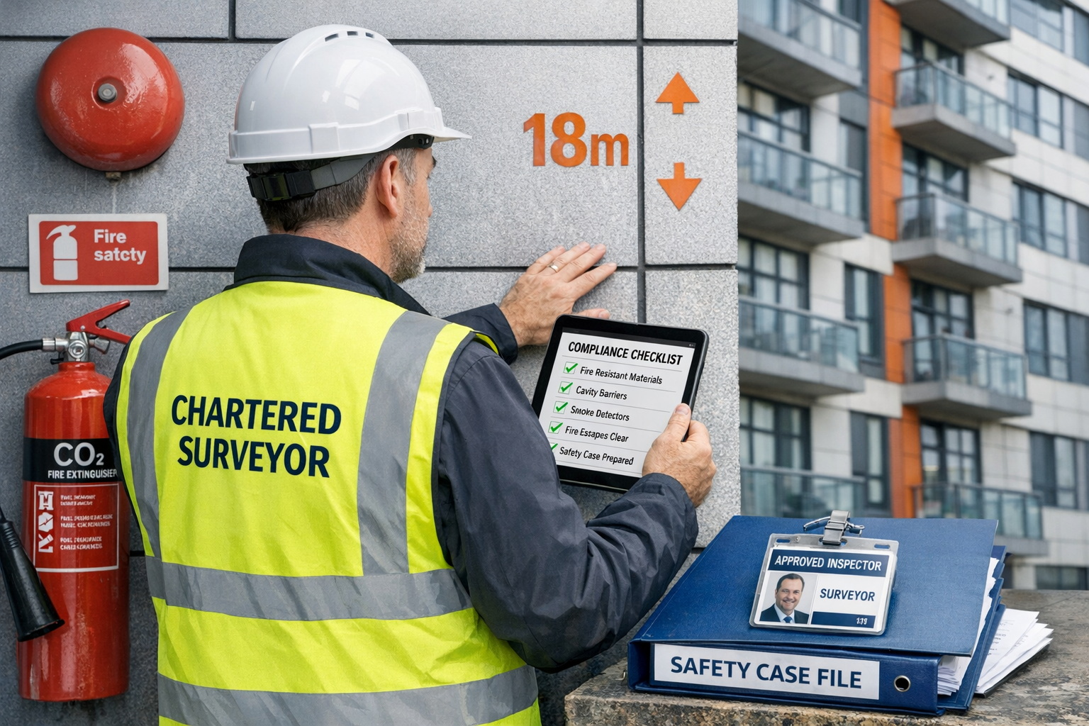 Detailed landscape format (1536x1024) professional photograph showing chartered surveyor in hard hat and high-visibility vest conducting bui