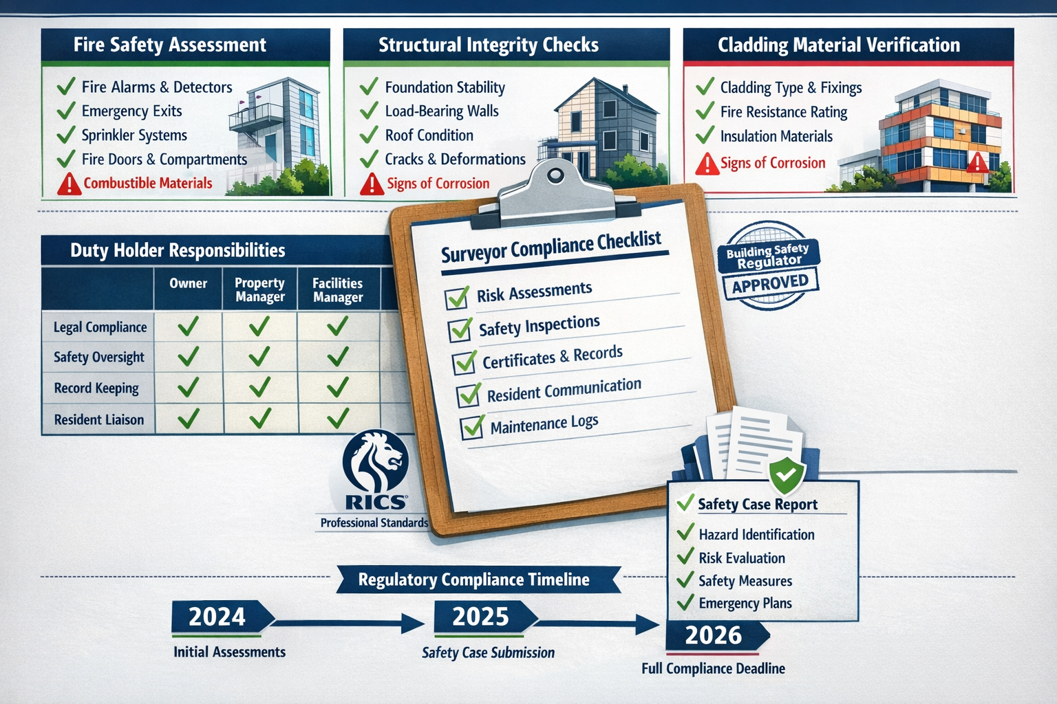 Detailed landscape format (1536x1024) infographic showing comprehensive surveyor compliance checklist with multiple sections: fire safety as