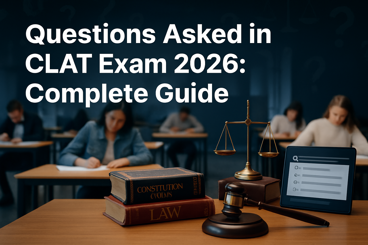 Professional landscape hero image (1536x1024) featuring bold text overlay 'Questions Asked in CLAT Exam 2026: Complete Guide' in extra large