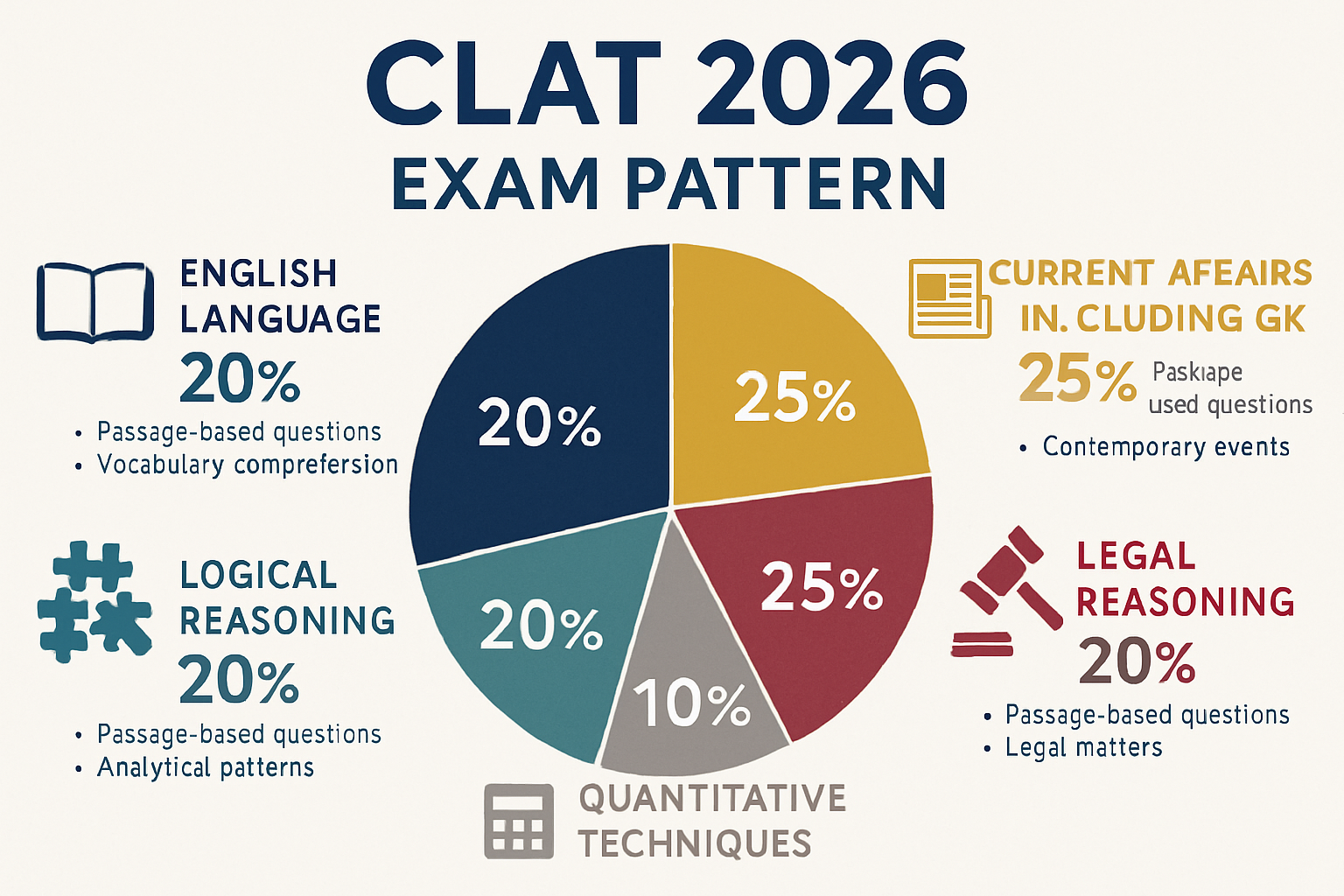 Detailed infographic showing CLAT 2026 exam pattern breakdown with five distinct sections: English Language (20%), Current Affairs including
