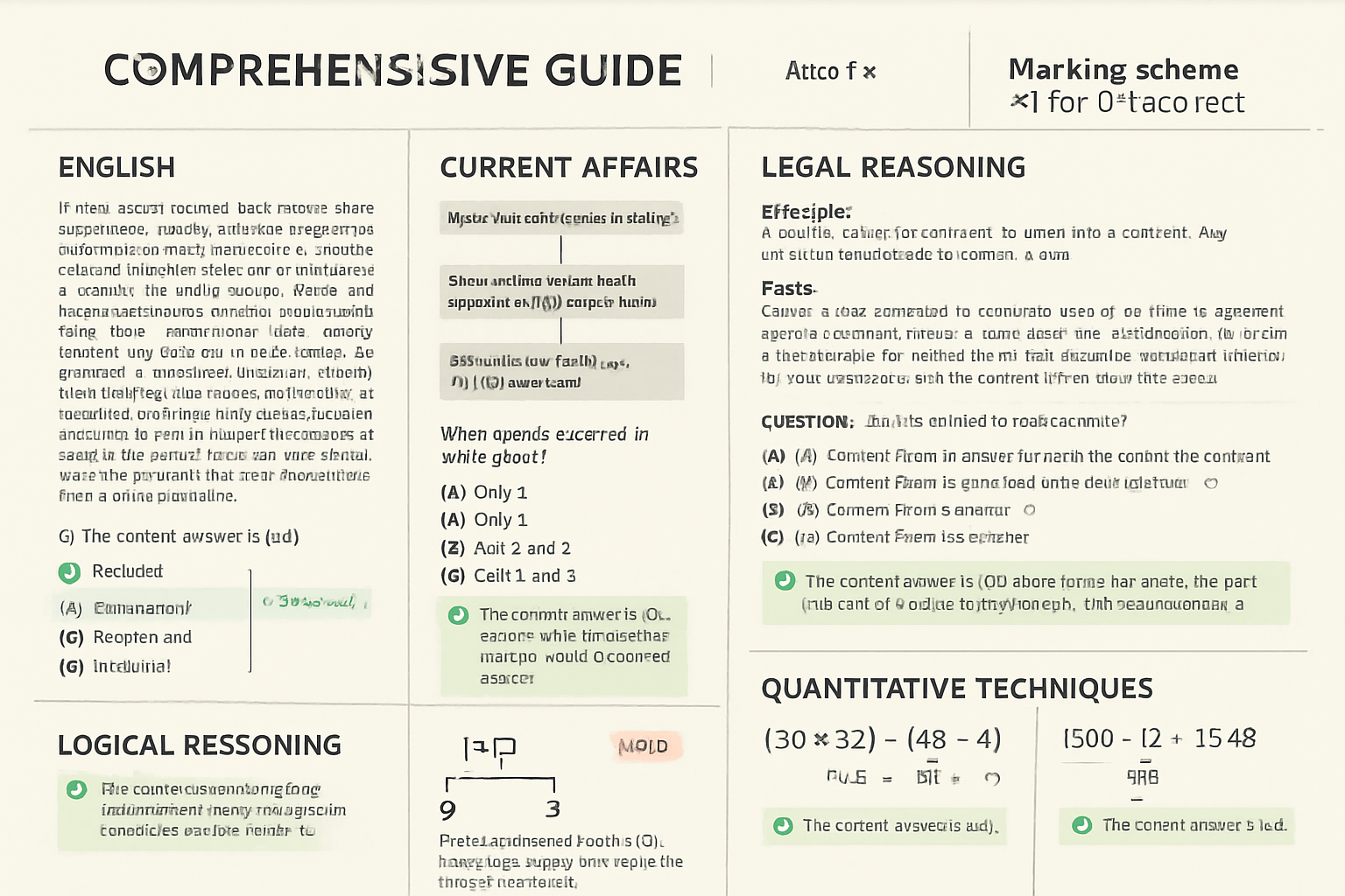 Comprehensive visual guide showing sample CLAT questions across all five sections with detailed breakdown. Split-screen layout displaying ac