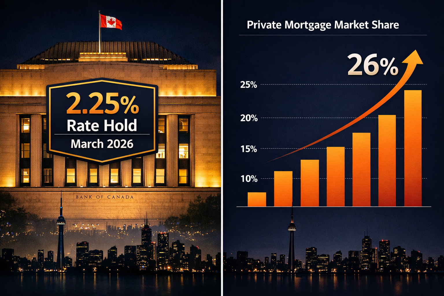() editorial infographic-style image showing a split-screen comparison: left side displays a glowing Bank of Canada building
