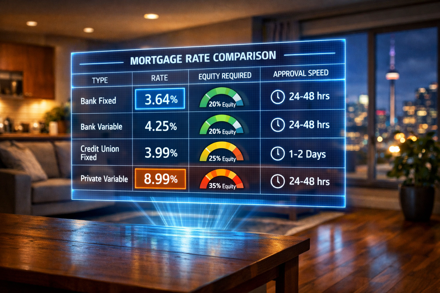 () concept illustration showing a detailed mortgage rate comparison table floating as a holographic display above a modern