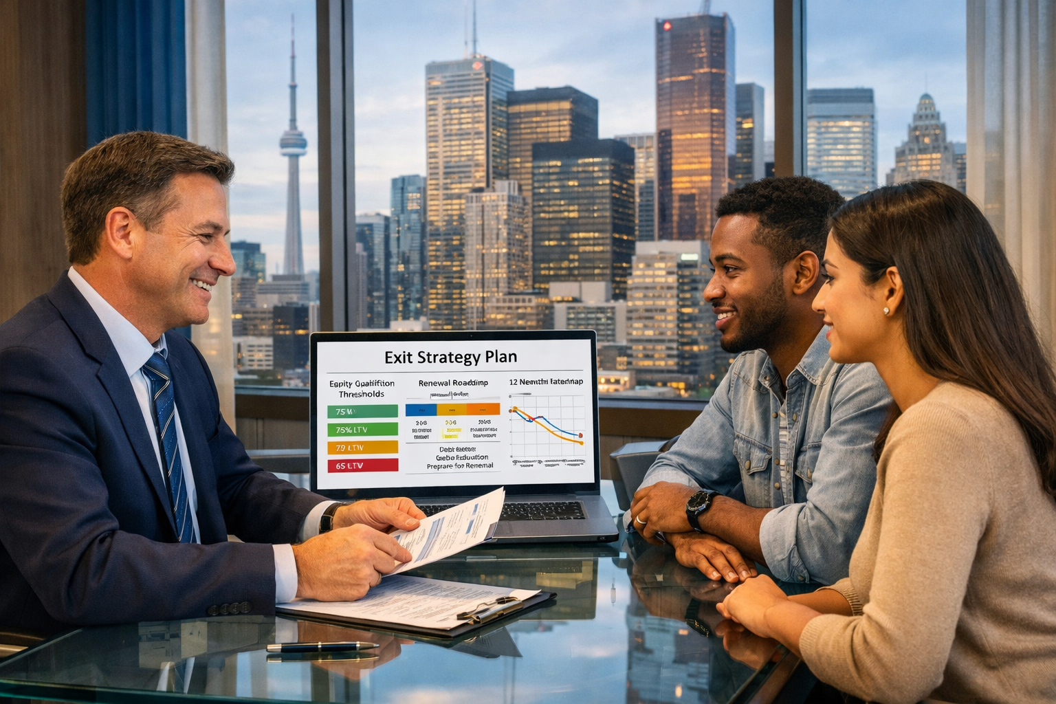 () strategic planning scene showing a professional Toronto mortgage broker seated across from a diverse couple at a glass