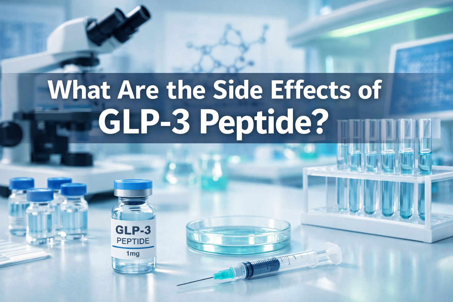 Professional landscape hero image (1536x1024) featuring bold text overlay 'What Are the Side Effects of GLP-3 Peptide?' in extra large 72pt