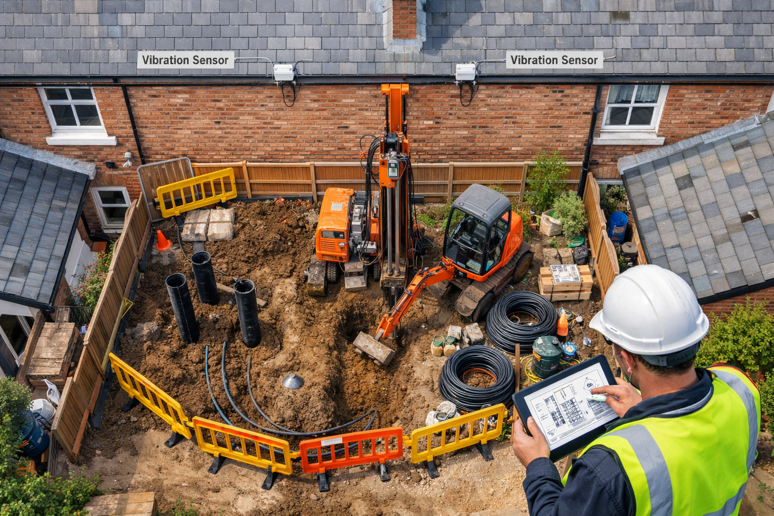 Aerial overhead perspective () of a UK residential street showing terraced houses with shared party walls, ground-source