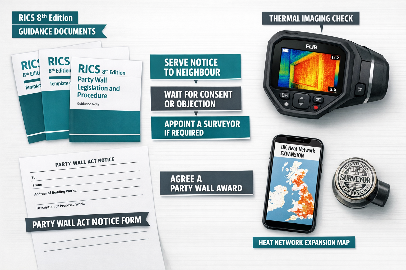 Flat-lay infographic style image () showing RICS 8th edition party wall guidance documents spread on a clean white desk