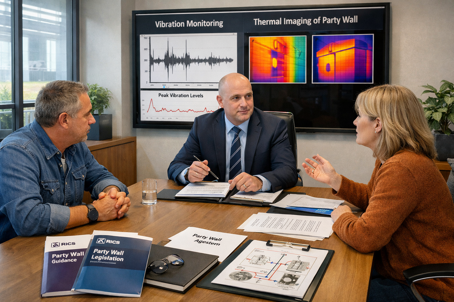 Wide-angle interior () showing a professional dispute resolution meeting between two homeowners and a party wall surveyor