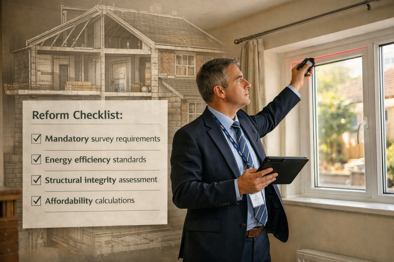 Detailed () image depicting professional property valuation scene: RICS chartered surveyor conducting detailed inspection of