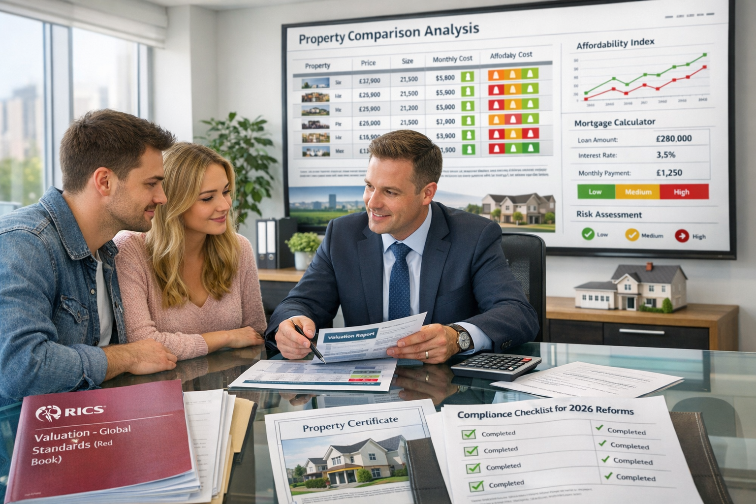 Detailed () image showing modern estate agency office scene with multiple stakeholders: young first-time buyer couple
