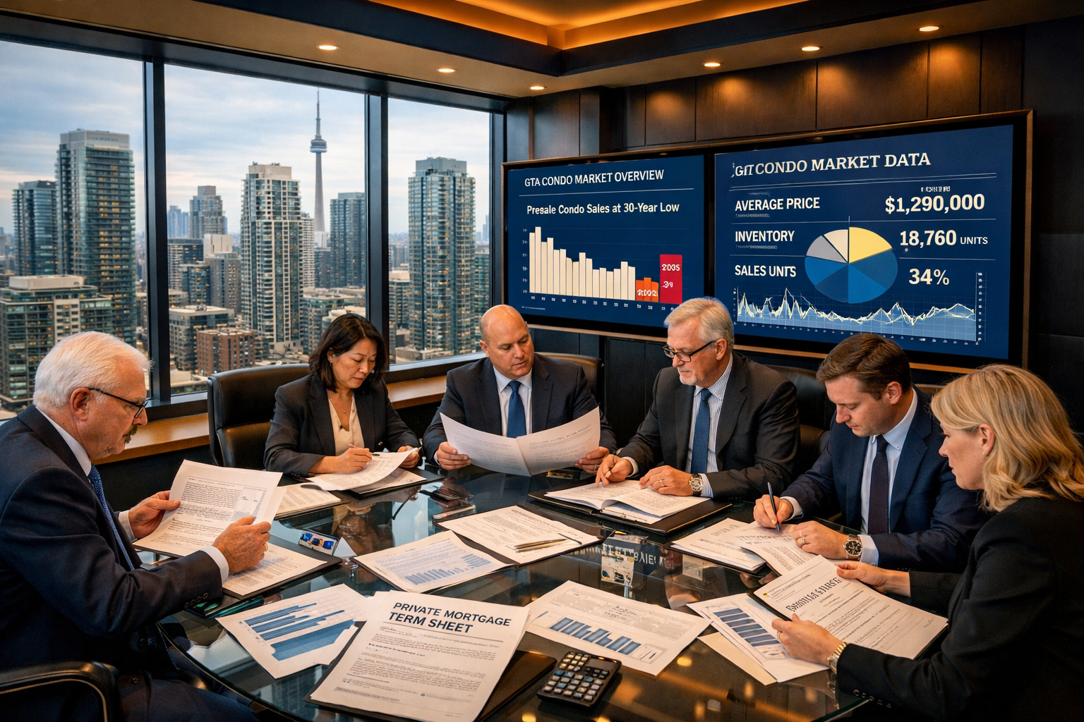 Wide-angle editorial photograph of a modern Toronto boardroom with floor-to-ceiling windows overlooking downtown condo