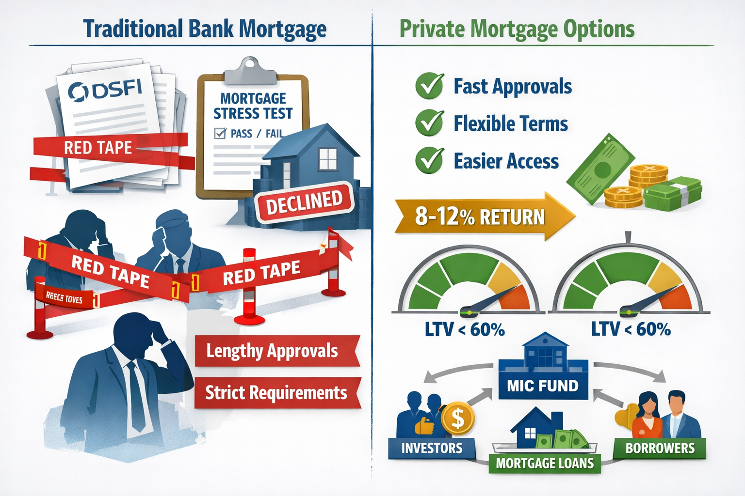 Detailed financial infographic-style editorial image showing a split comparison: left side depicting traditional bank