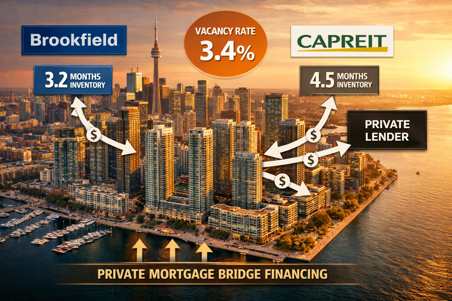 Aerial drone-perspective editorial photograph of Toronto's purpose-built rental and condo corridor along the waterfront,
