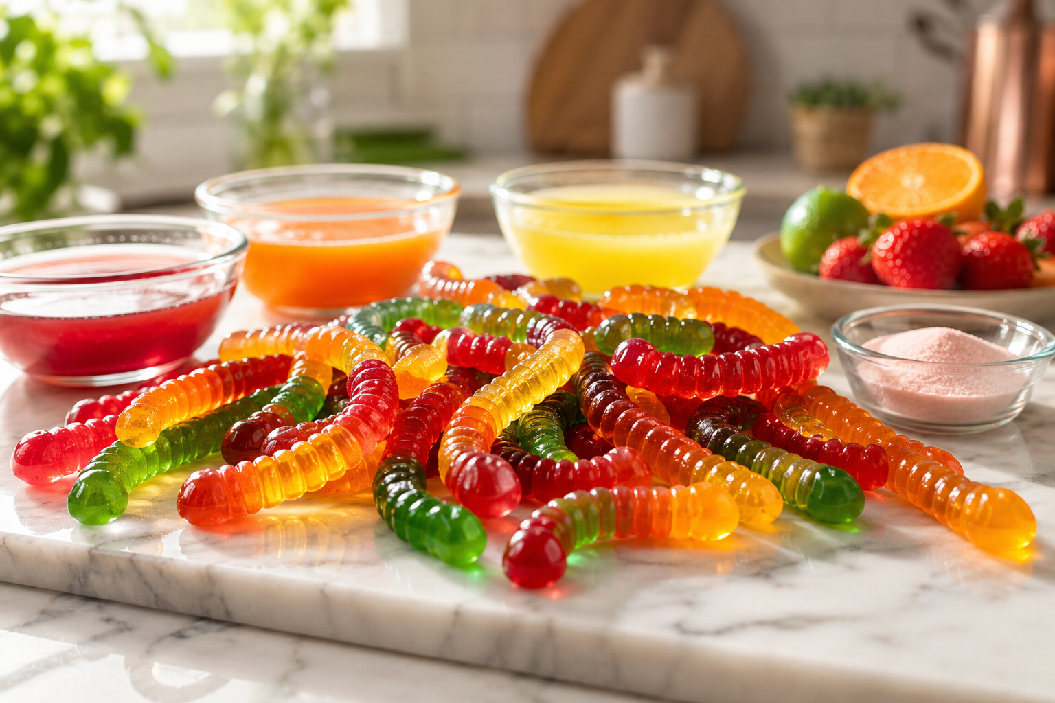 Professional () hero image showing a colorful array of homemade gummy worms arranged on a white marble surface, vibrant red,