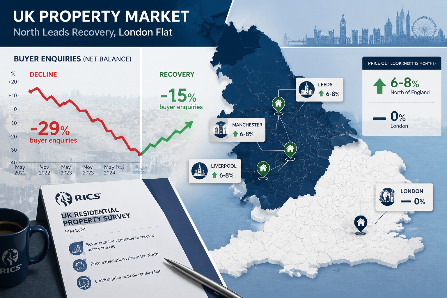 Detailed () infographic-style illustration showing a split UK property market map: left side depicting a declining red trend