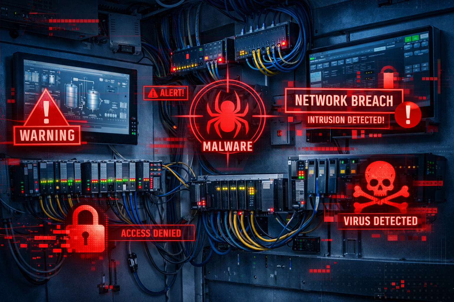 () industrial control room scene showing multiple HMI touchscreen displays and PLC control panels mounted on walls, with