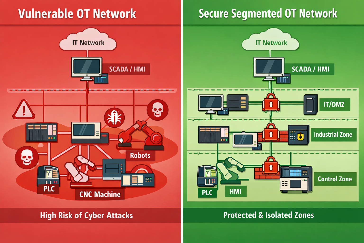 Split-screen landscape image () comparing vulnerable flat OT network on left side showing interconnected industrial devices