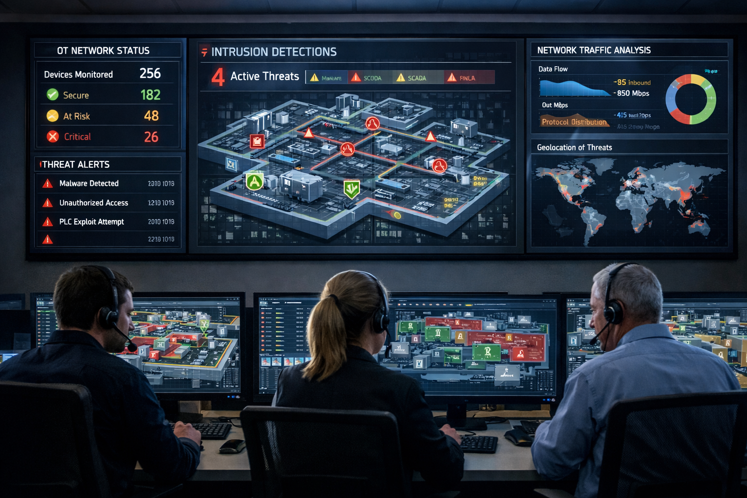 () industrial cybersecurity monitoring dashboard displayed on large wall-mounted screens in a security operations center.