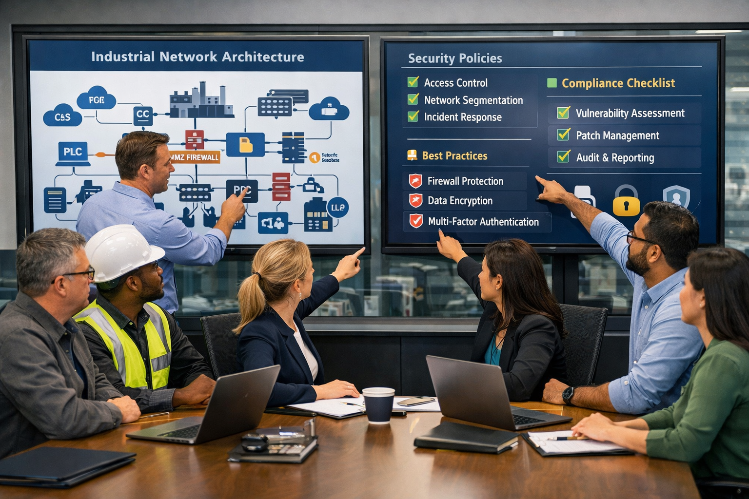 Professional landscape image () showing IT and OT teams collaborating in modern conference room with large displays showing