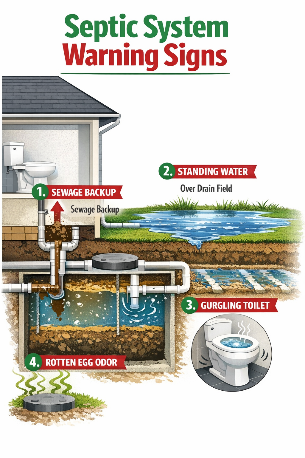Portrait/Pinterest format () infographic-style illustration showing a cross-section diagram of a residential septic system