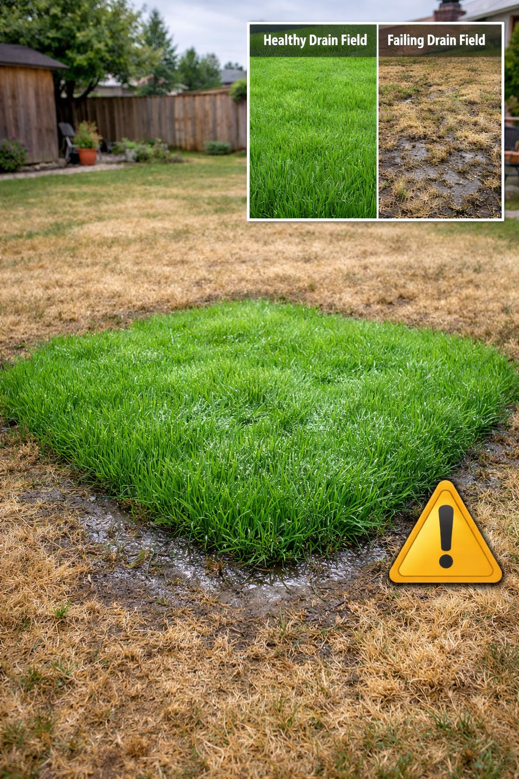 Portrait/Pinterest format () close-up editorial photo of a homeowner's backyard showing lush unnaturally green grass patch
