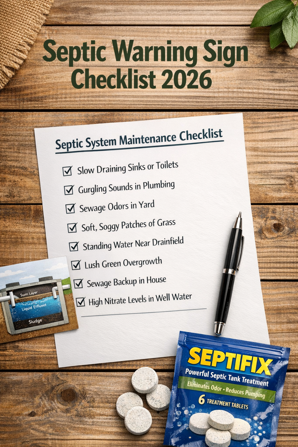 Portrait/Pinterest format () flat-lay styled checklist image on a wooden table surface showing a printed septic system