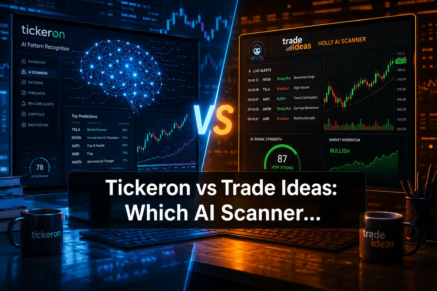 Professional () hero image with (≤42 chars): 'Tickeron vs Trade Ideas: Which AI Scanner…', crisp white on a dark