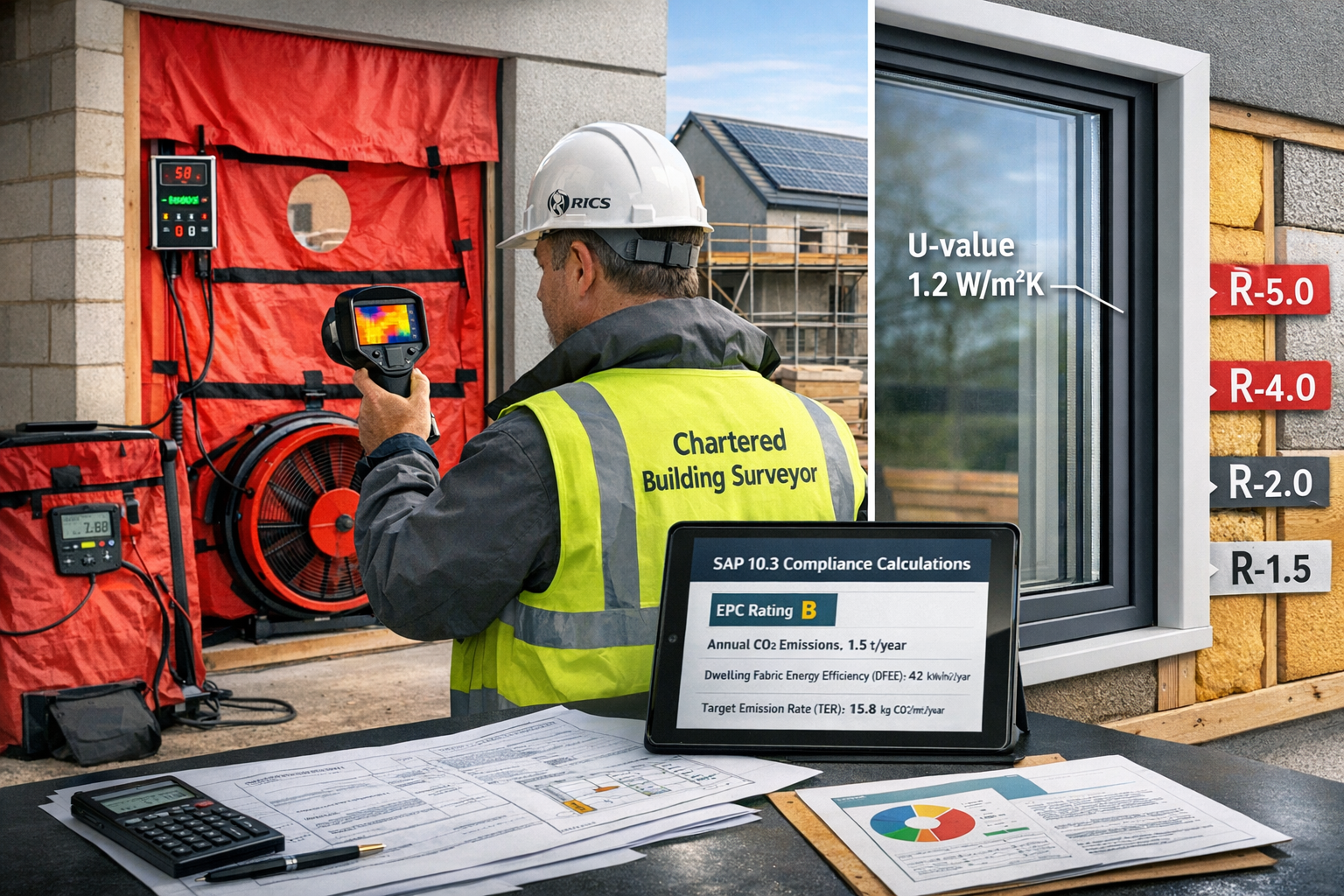 Detailed () editorial image showing RICS chartered building surveyor conducting comprehensive inspection of sustainable new