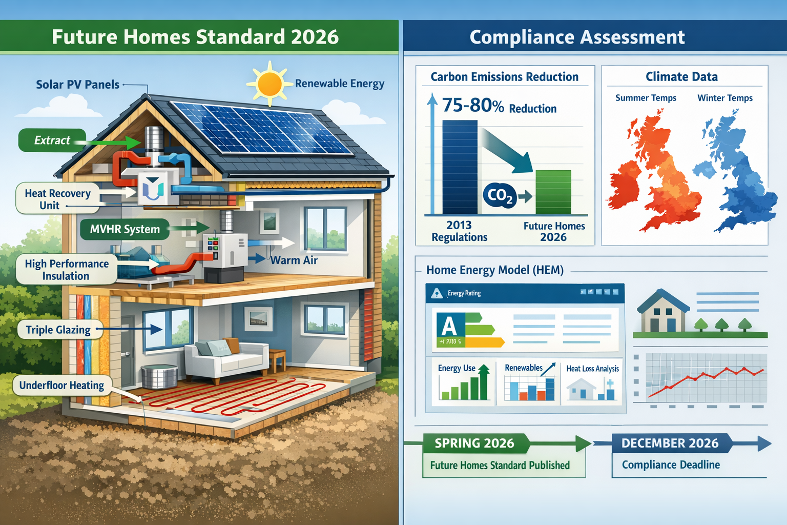 Comprehensive () technical illustration showing Future Homes Standard 2026 compliance requirements with visual data