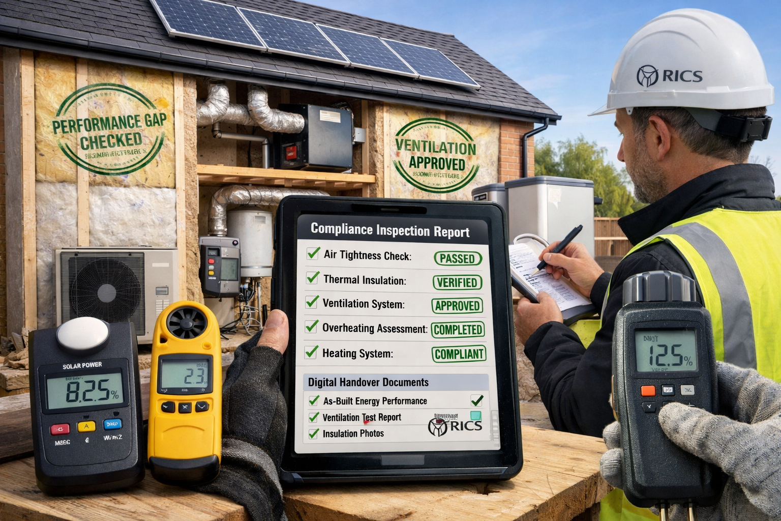 Detailed () professional image depicting building survey quality assurance process for Future Homes Standard compliance.