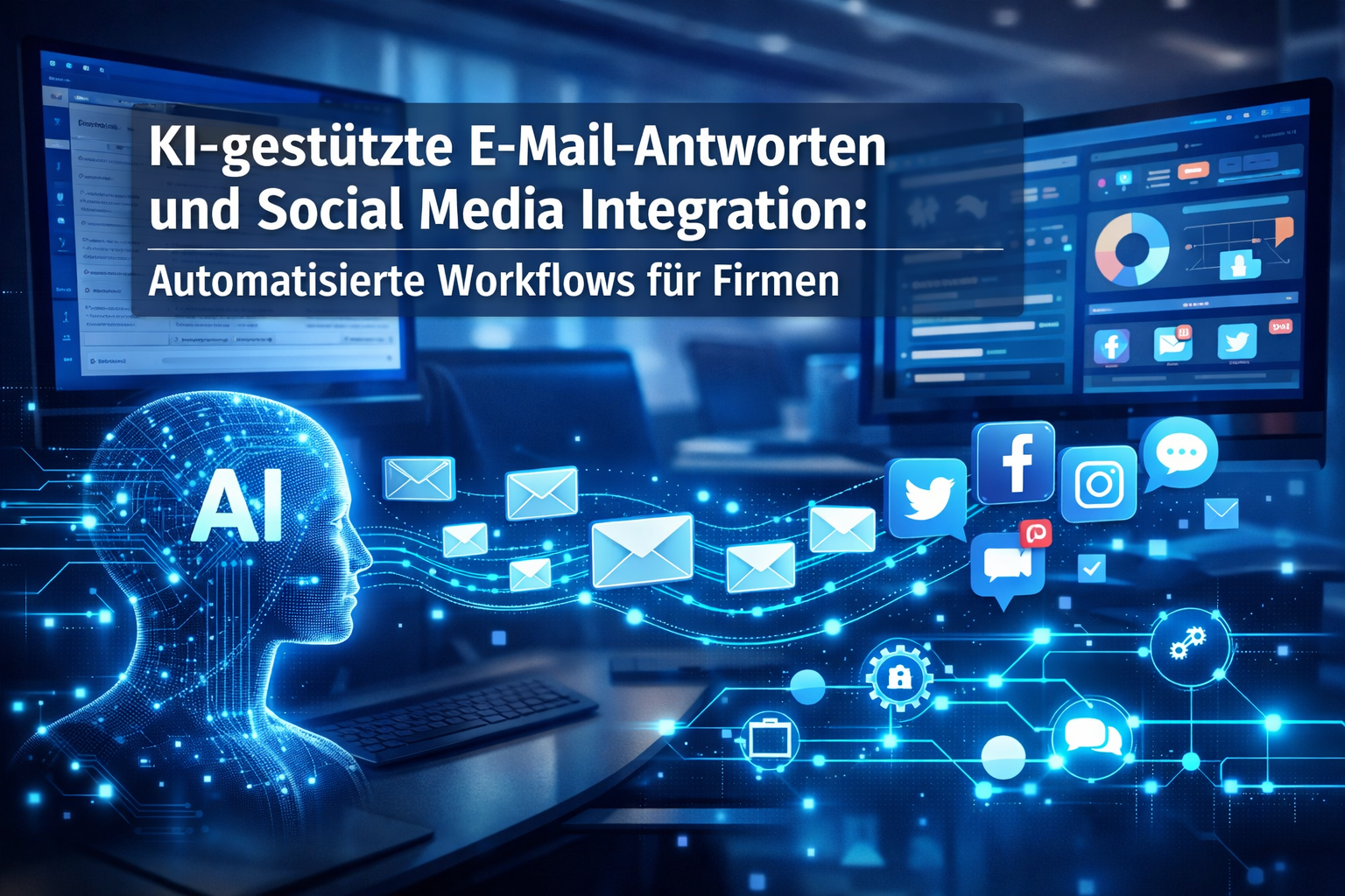 Professional landscape format (1536x1024) editorial hero image with bold text overlay 'KI-gestützte E-Mail-Antworten und Social Media Integr - KI-gestützte E-Mail-Antworten und Social Media Integration: Automatisierte Workflows für Firmen 1 Professional landscape format (1536x1024) editorial hero image with bold text overlay 'KI-gestützte E-Mail-Antworten und Social Media Integr