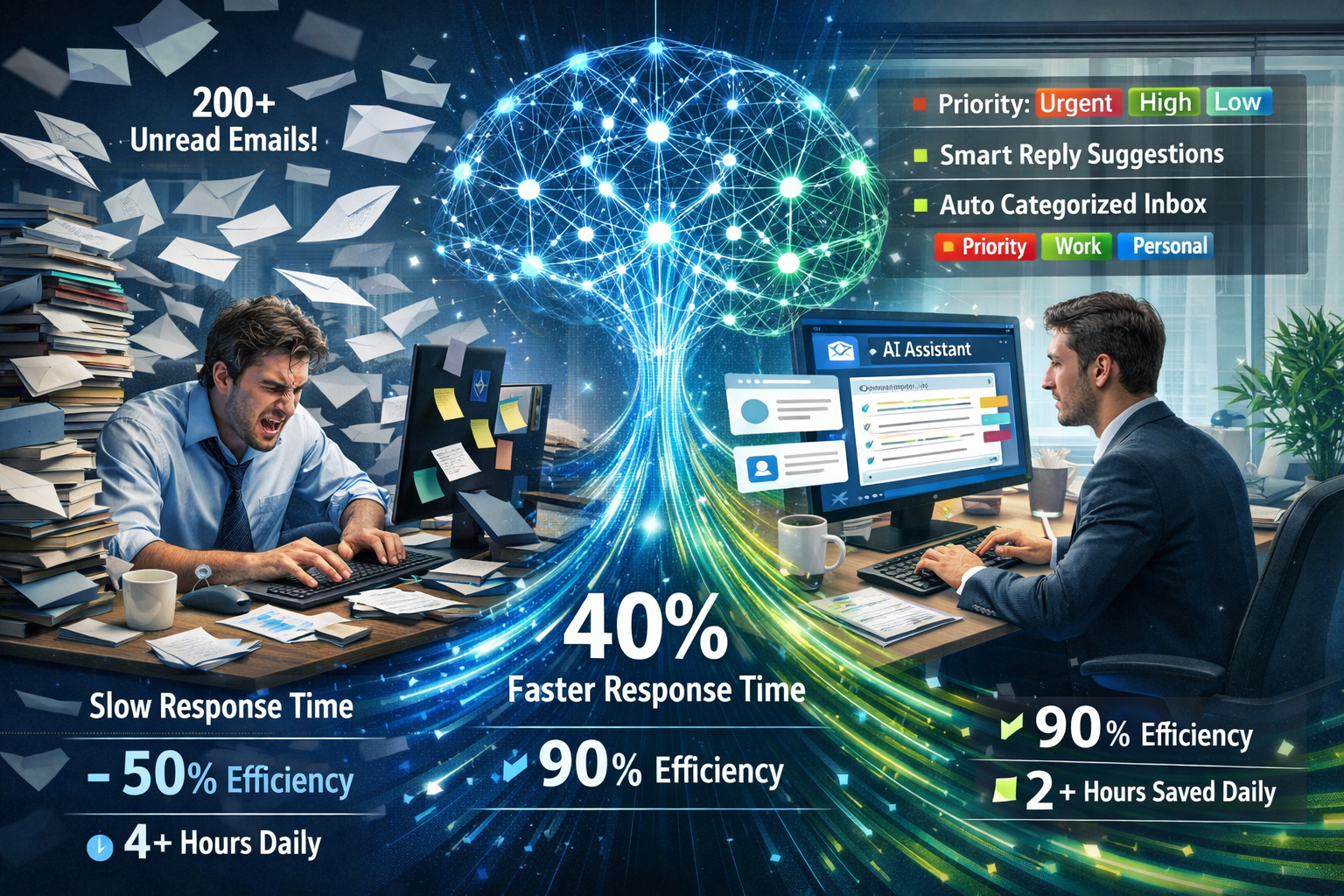 Detailed landscape format (1536x1024) image showing split-screen comparison of traditional email management versus AI-powered email response - KI-gestützte E-Mail-Antworten und Social Media Integration: Automatisierte Workflows für Firmen 2 Detailed landscape format (1536x1024) image showing split-screen comparison of traditional email management versus AI-powered email response