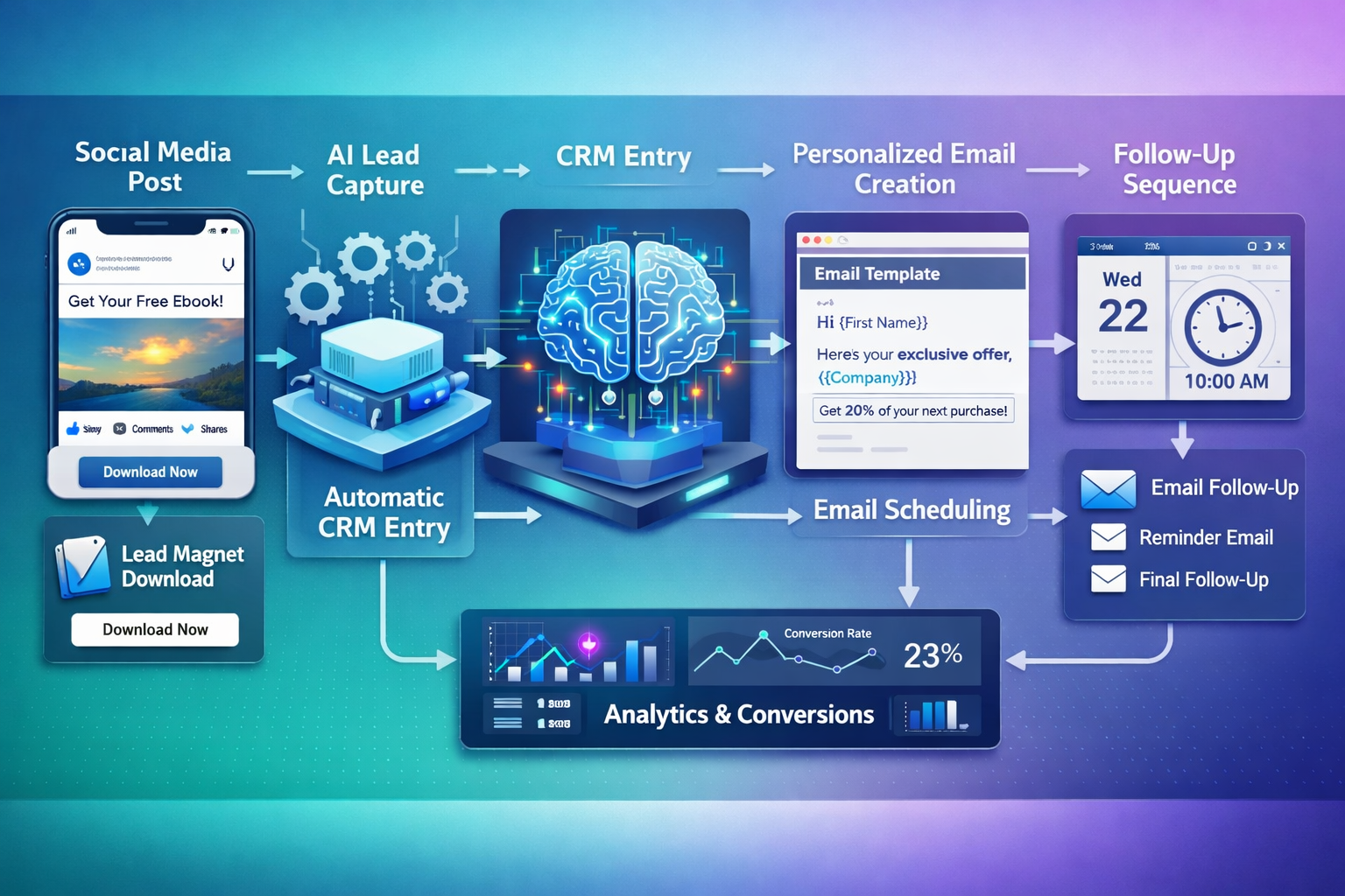 Detailed landscape format (1536x1024) infographic-style image illustrating automated workflow from social media lead to personalized email c - KI-gestützte E-Mail-Antworten und Social Media Integration: Automatisierte Workflows für Firmen 4 Detailed landscape format (1536x1024) infographic-style image illustrating automated workflow from social media lead to personalized email c
