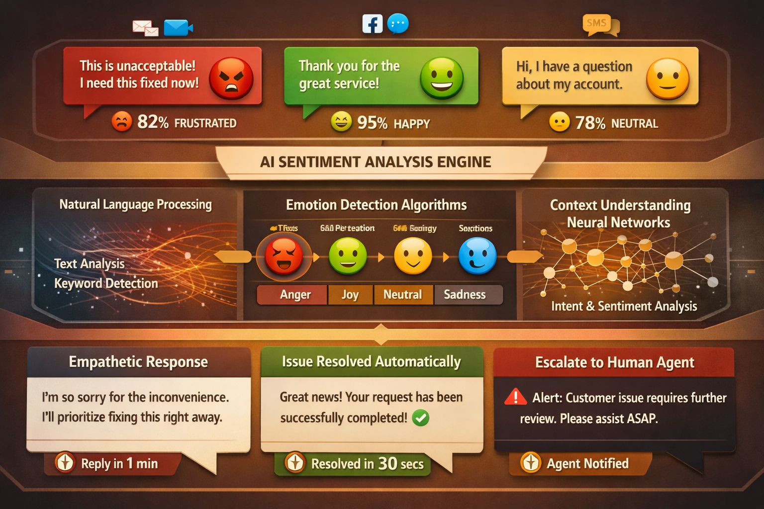 Professional landscape format (1536x1024) image showcasing AI sentiment analysis and emotional intelligence in customer communication. Split - KI-gestützte E-Mail-Antworten und Social Media Integration: Automatisierte Workflows für Firmen 5 Professional landscape format (1536x1024) image showcasing AI sentiment analysis and emotional intelligence in customer communication. Split