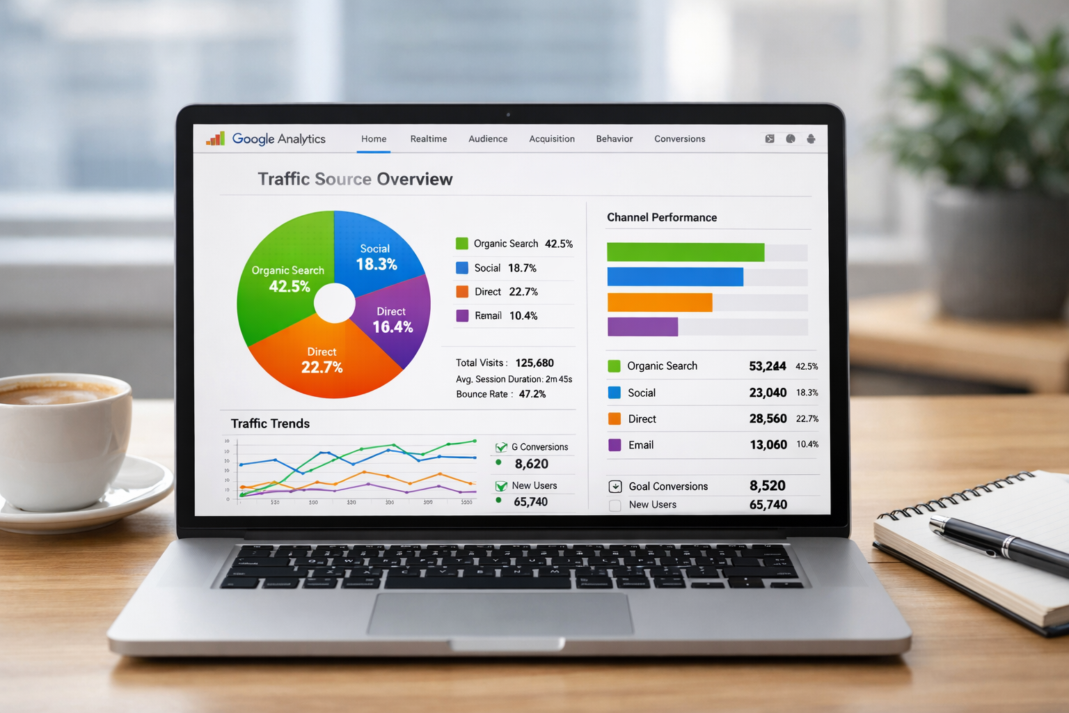 Modern analytics dashboard displayed on laptop screen showing colorful traffic source breakdown with pie charts and bar graphs, Google Analy