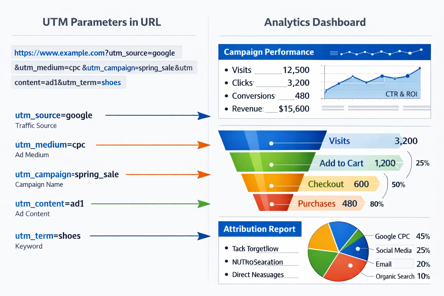Split-screen comparison showing UTM parameter structure on left side with URL examples and tracking codes clearly visible, and on right side
