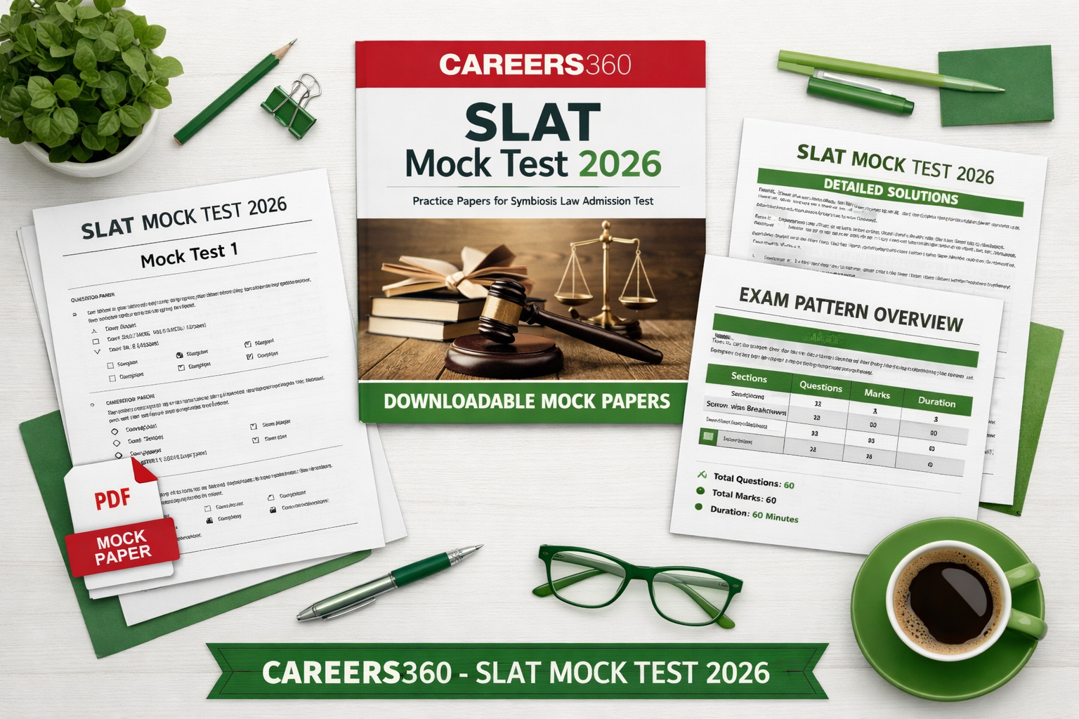 Professional product showcase of Careers360 - SLAT Mock Test 2026 showing downloadable PDF mock papers, solution pages, exam