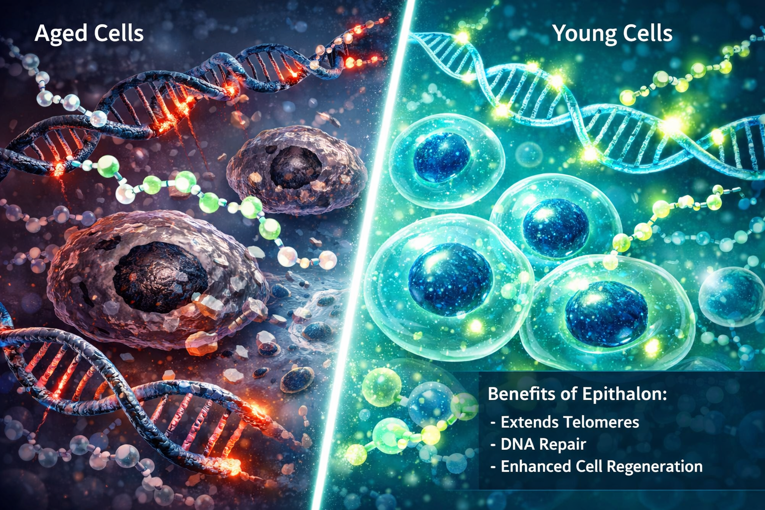 Detailed landscape format (1536x1024) image showing cellular rejuvenation concept with telomeres extending, DNA repair mechanisms, and healt