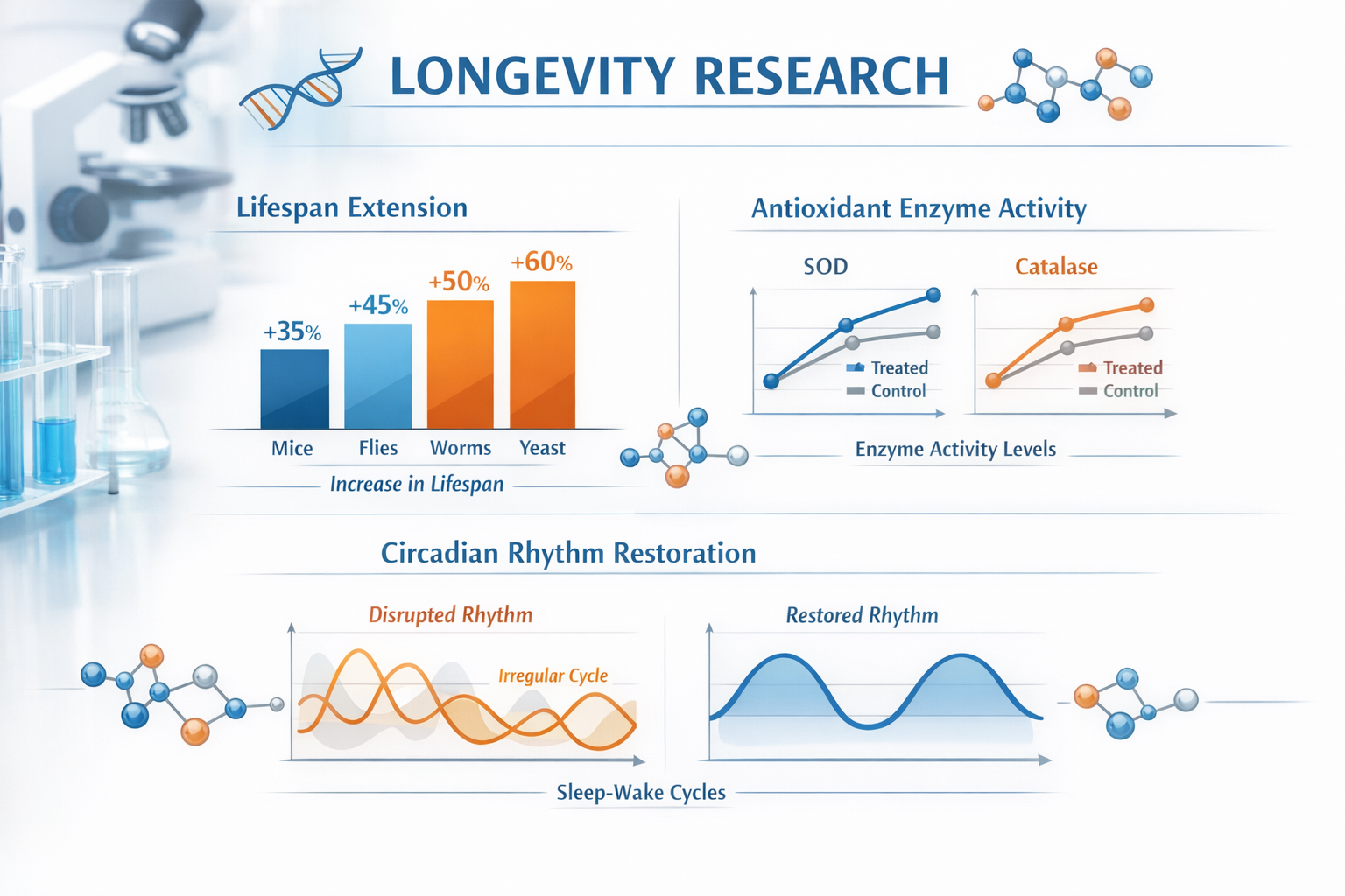 Professional landscape format (1536x1024) infographic-style image displaying longevity research data with bar charts showing lifespan extens