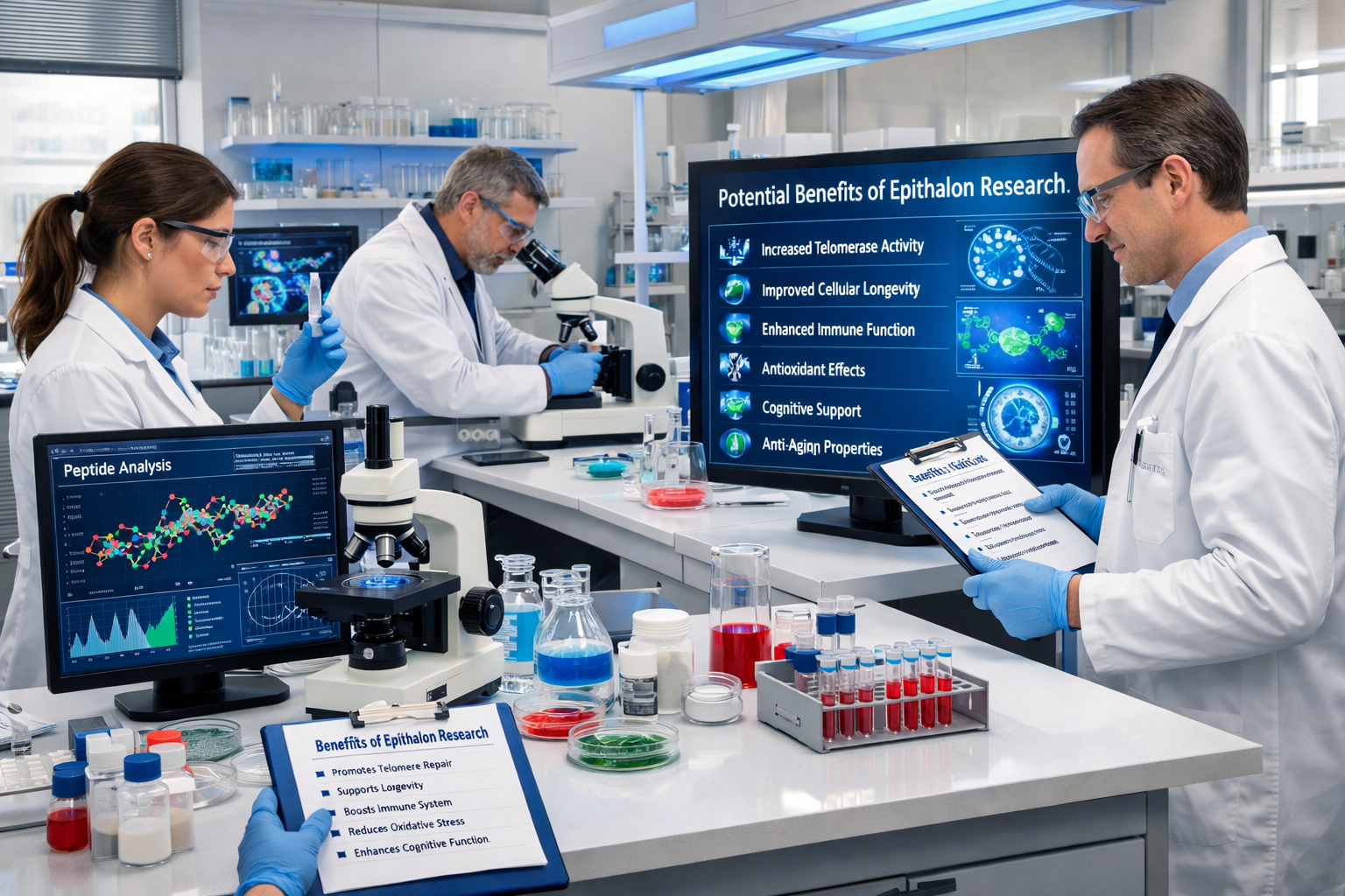 Detailed landscape format (1536x1024) image of modern research laboratory with scientists examining peptide samples, microscopes, cell cultu