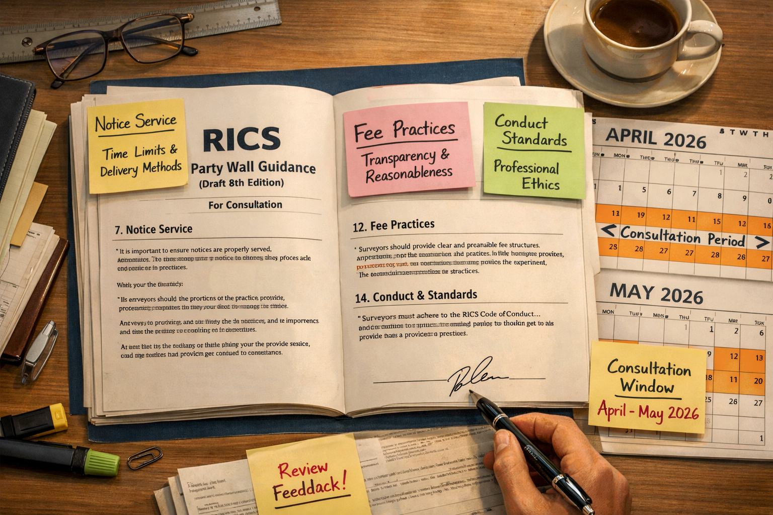 () editorial illustration showing a close-up overhead view of a professional surveyor's desk with the RICS draft 8th edition