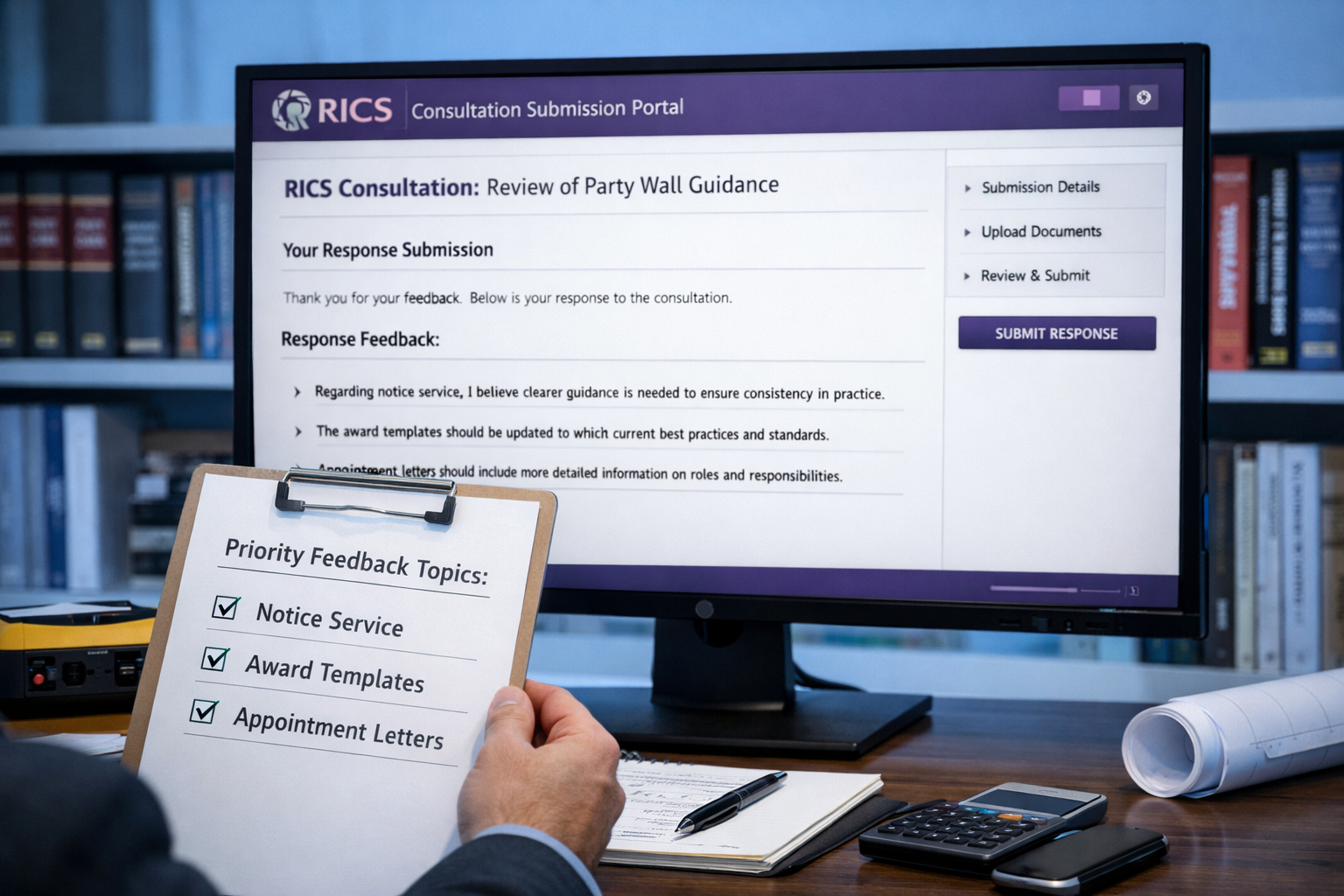 () wide-angle scene of a professional RICS consultation submission portal displayed on a large monitor screen in a modern