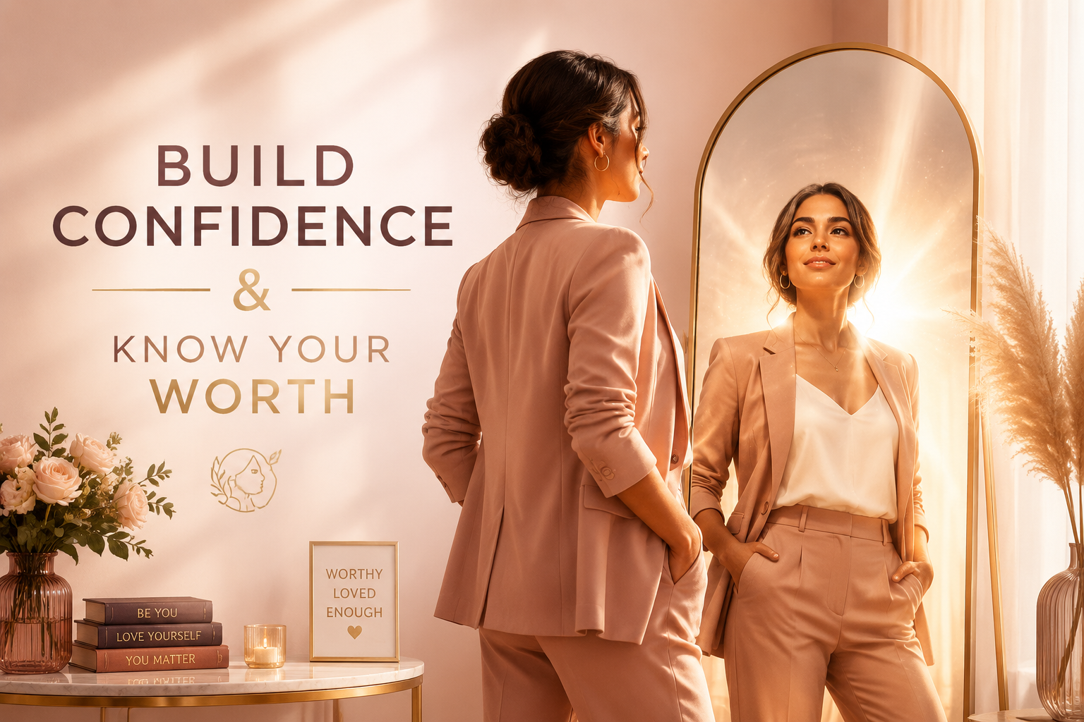 () editorial illustration showing a confident woman standing tall in a bright modern setting, surrounded by subtle visual