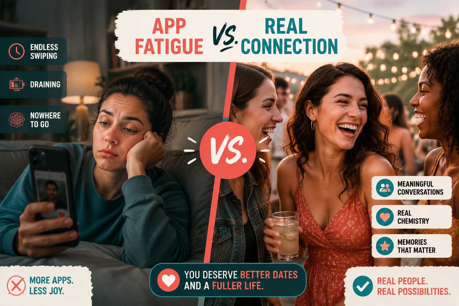 () split-scene infographic-style image: left side shows a woman swiping a dating app on her phone looking bored and