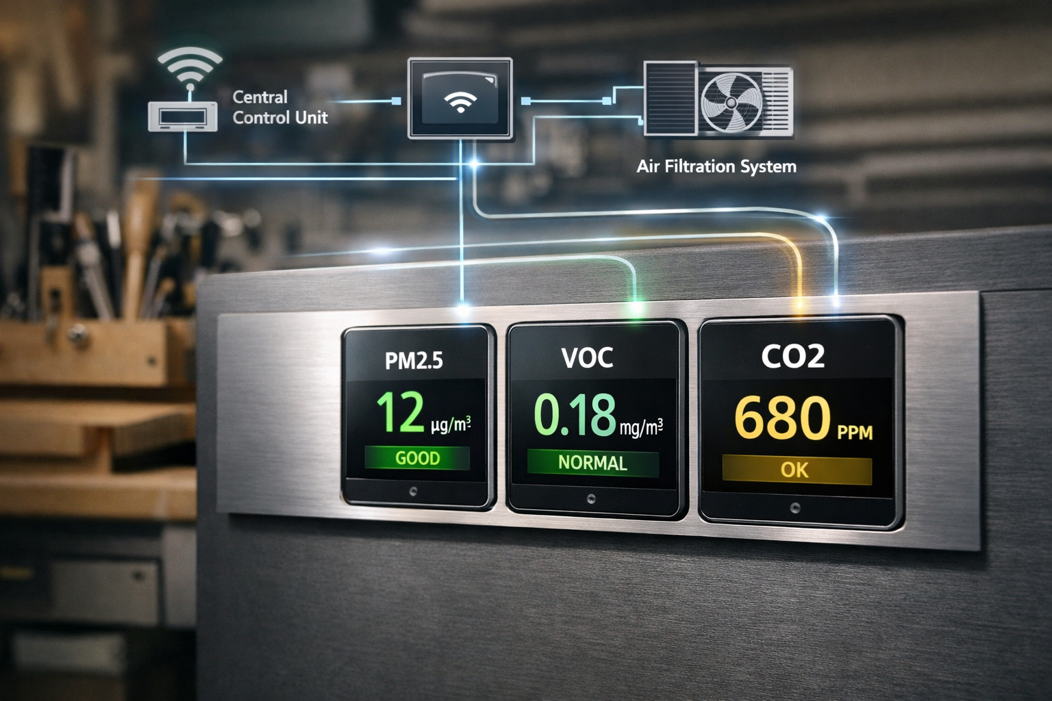 Detailed () image showing a close-up of various smart air quality sensors (PM2.5, VOC, CO2) integrated into a sleek, a
