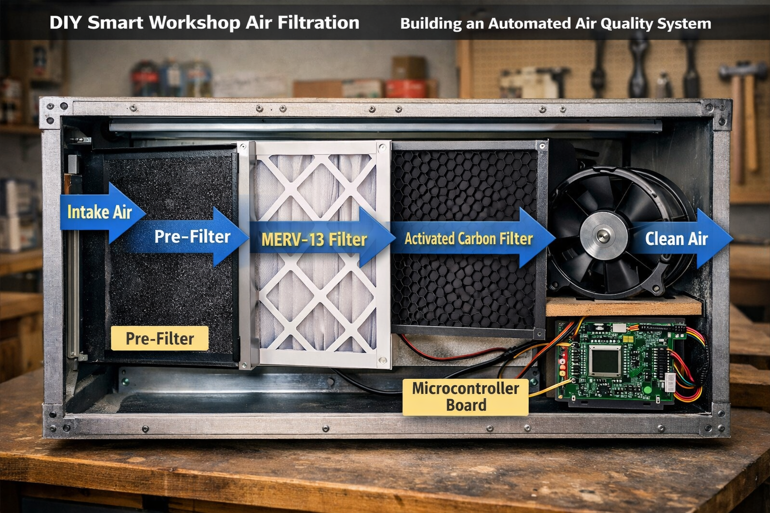 Detailed () image showcasing the internal components of a DIY workshop air purification system. Focus on multi-stage