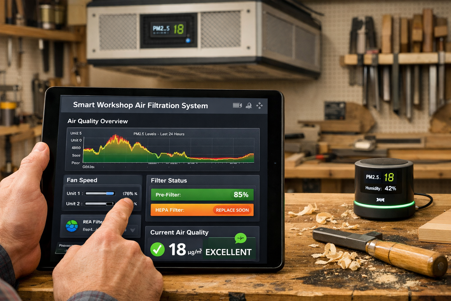 Detailed () image depicting a woodworking enthusiast interacting with a tablet displaying a custom dashboard for their