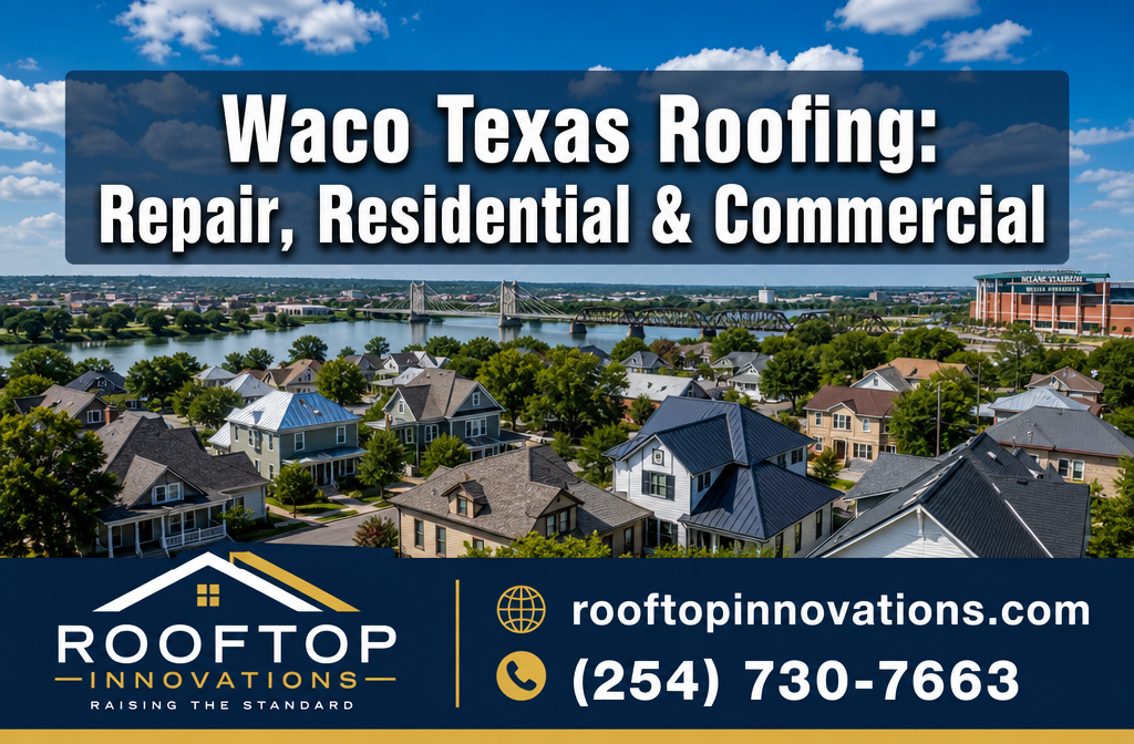 Professional () hero image featuring 'Waco Texas Roofing: Repair, Residential & Commercial' in extra large white with dark